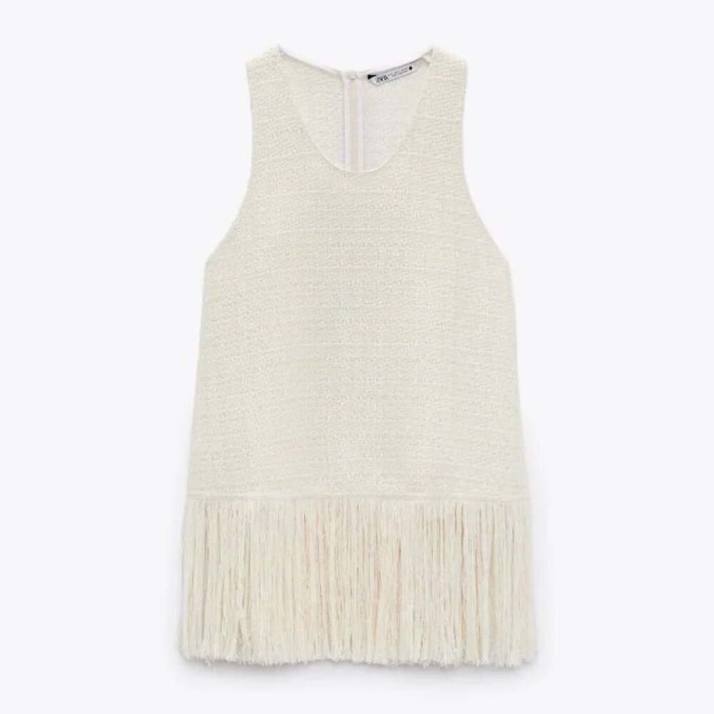 ZARA Fringed Textured Weave Cream Top